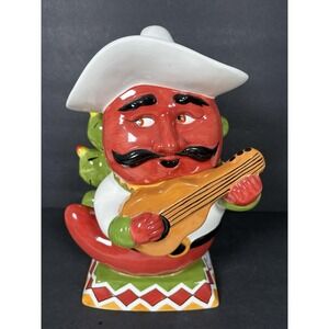 Vintage 2003 Clay Art Cha Cha Chili Pepper Cookie Jar Mariachi Guitar Cactus
